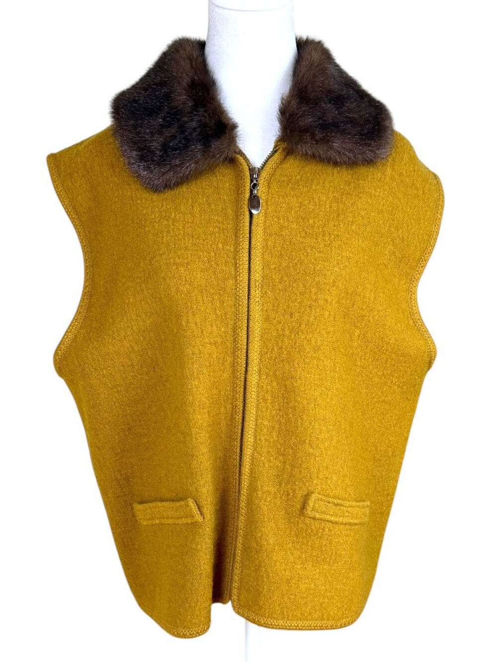 Lisa Internationa Boiled Wool Vest Faux Fur Collar Mustard Vintage (XL)